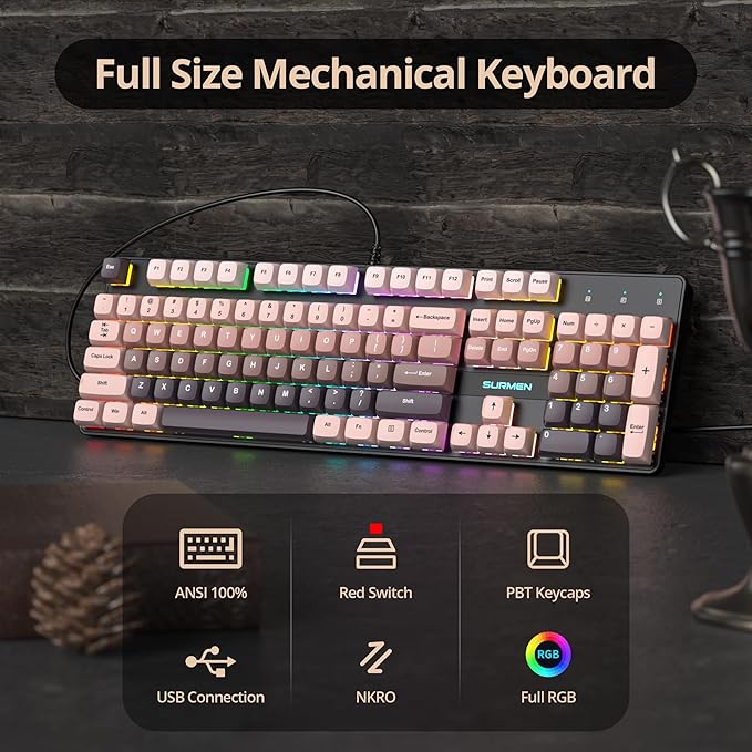 Wired Full Size Pink Mechanical Keyboard 104 Keys Creamy Keyboard with Number Pad RGB Gaming Keyboards Linear Red Switch NKRO for Windows Laptop PC Gamer(104 Black Pink)