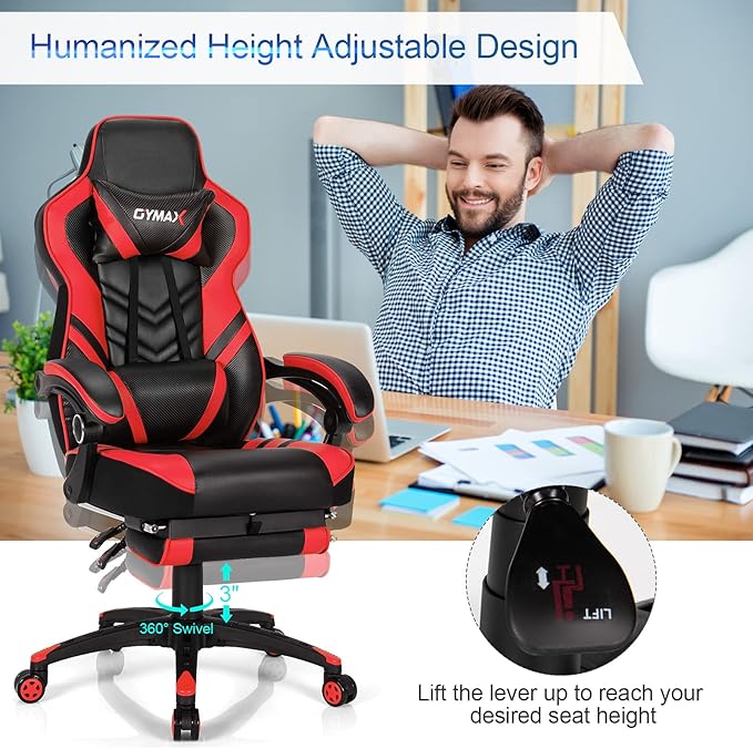 GYMAX Gaming Chair Ergonomic Computer Chair with Footrest Linkage Armrests &amp Lumbar Cushion Big Wide High Back Video Gaming Chair Reclining Office Rolling Chair for Adult/Teens (Red)