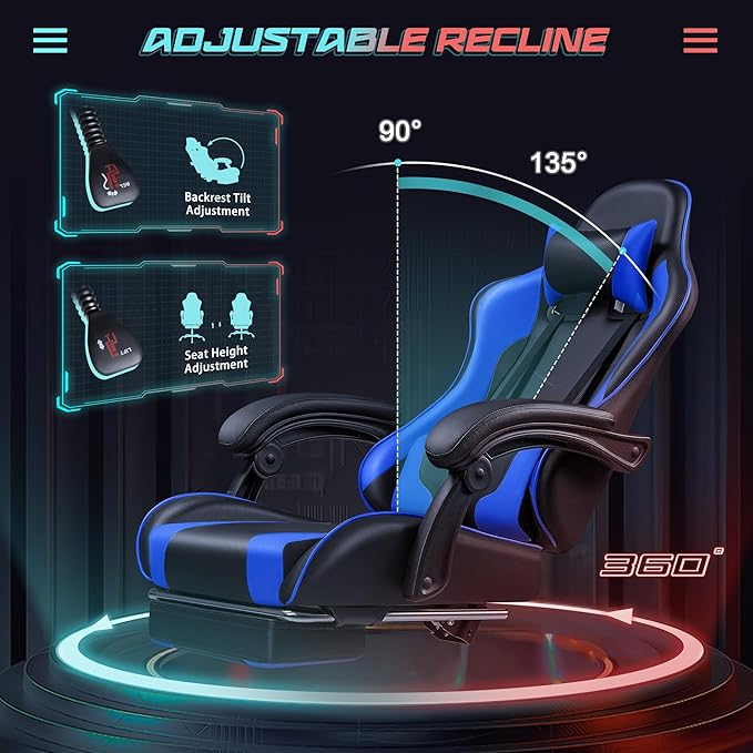 JUMMICO Gaming Chair Ergonomic Computer Chair with Footrest and Massage Lumbar Support Height Adjustable Video Gaming Chair with 360° Swivel Seat and Headrest (Blue)