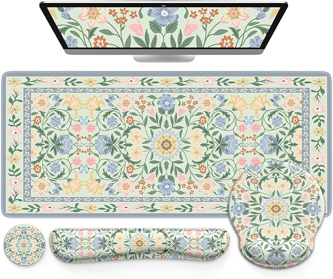 iCasso Desk Cover Mat Gaming Mouse Pad Wrist Support Set4in1 XXL Large Mousepad + Keyboard Wrist Rest+Mouse Wrist Rest+Coaster Set with Ergonomic Design for Home Office Table Computer(Green Flowers)