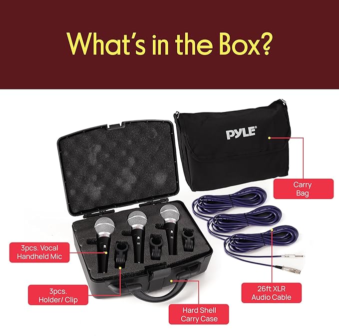 Pyle 3 Piece Professional Dynamic Microphone Kit Cardioid Unidirectional Vocal Handheld MIC with Hard Carry Case &amp Bag Holder/Clip &amp 26ft XLR Audio Cable to 1/4'' Audio Connection (PDMICKT34)