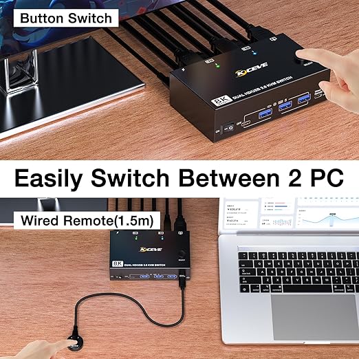 8K HDMI KVM Switch 2 Monitors 2 Computers 8K@60Hz 4K@144HzMLEEDA USB 3.0 Dual Monitor KVM Switch for 2 Computer Share 2 Monitor and 4 USB DevicesWired Remote12V Power Adapter and USB Cable Included