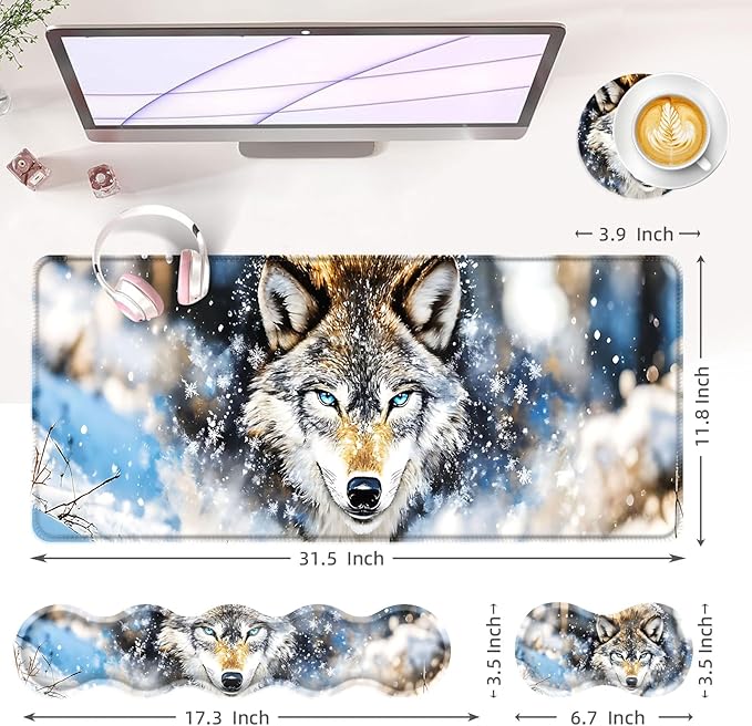 Large Keyboard Mouse Pad Set Extended Mouse Pad+Keyboard Wrist Rest Support Memory Foam Ergonomic Easy Typing 4Pcs (31.5×11.8 in) Desk Pad Set for Office HomeSnowy Wolf