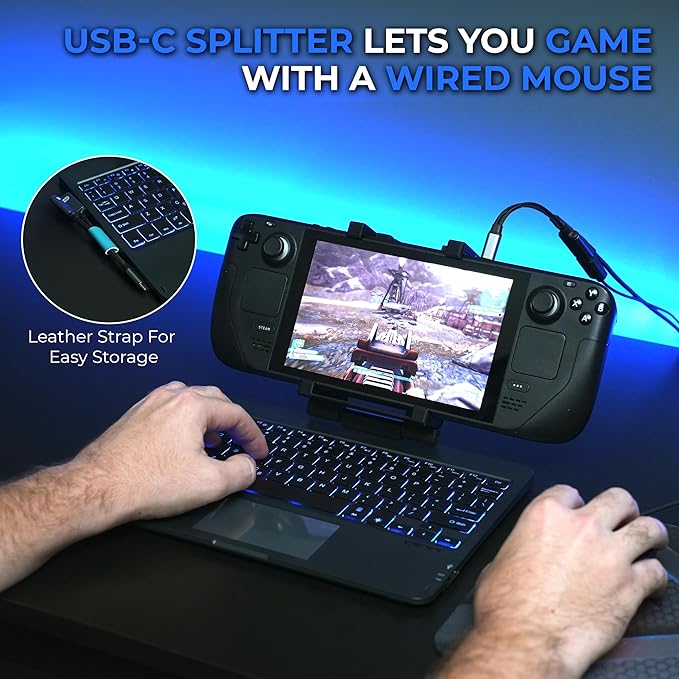 DeckTop with Splitter - Steam Deck Keyboard and Bluetooth Trackpad Mouse with Multicolor LED Laptop Accessory for Valve Linux PC Gaming Accessories (Steam Deck/ROG Ally)