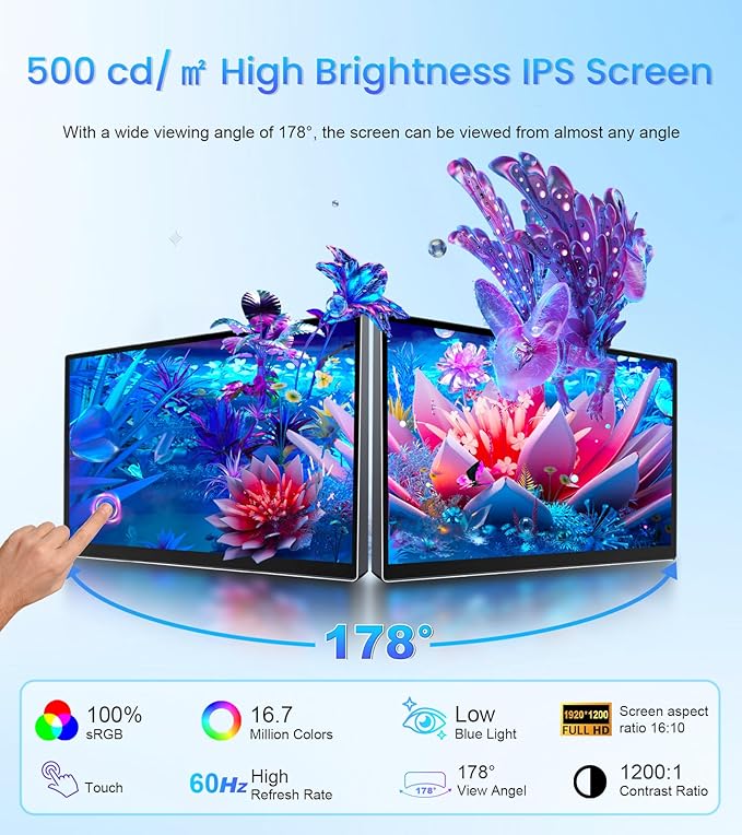 14 inch FHD Portable Touchscreen Monitor with HDMI VGA DVI Ports Compatible with Laptops PC PS5/4 Industrial POS Kiosk Screen Extender 1920×1200 HDR IPS Small Touch Screen Display 500 nits