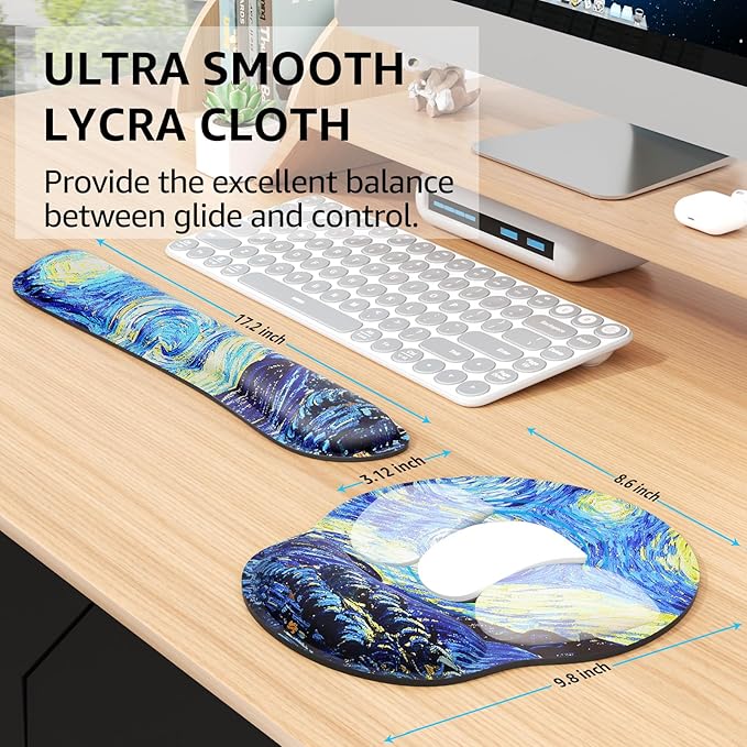 KTRIO Ergonomic Keyboard Wrist Rest Memory Foam Mouse Pad with Wrist Rest for Computer Keyboard Mouse Pad Set for Easy Typing &amp Pain Relief for Office &amp Home Starry Night