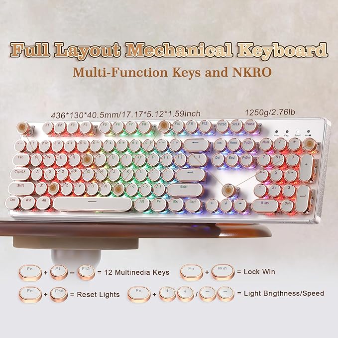 YUNZII QL108 Typewriter Style Mechanical Gaming KeyboardFull Size Hot Swappable RGB Backlit KeyboardsMetal Panel Retro Punk Round KeycapsUSB Wired Computer Keyboard (Silver Onyx Gray Switch)