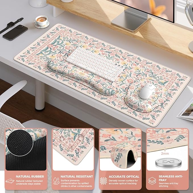 iCasso Desk Mat Large Mouse Pad Wrist Support Set XXL Large Mousepad + Keyboard Wrist Rest+Mouse Wrist Rest+Coastert with Ergonomic Design for Home Office Computer