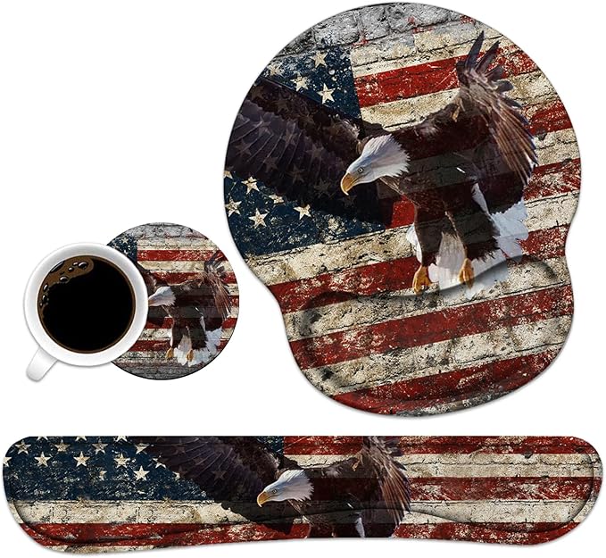 Keyboard Wrist Rest and Mouse Pad Wrist Support Set with Coasters Non-Slip PU Base Easy Typing and Relieve Wrist Pain Perfect for Home Office Working Studying Military Wall Graffiti USA Flag Eagle
