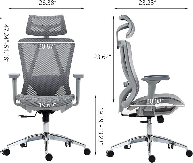 Ergonomic High Back Mesh Office Chair - Adjustable Lumbar Support Headrest &amp 3D Armrests Swivel Desk Chair for Home Office and Gaming (Gray Model C)