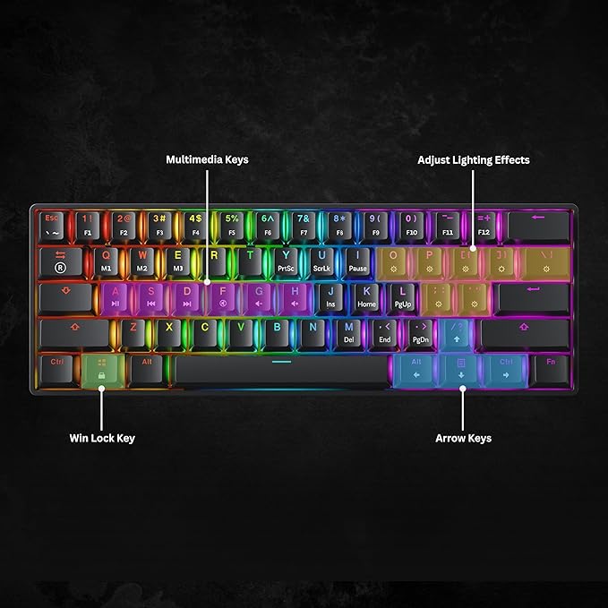Mechanical Gaming Keyboard - 61 Keys Multi Color RGB Illuminated LED Backlit Wired Programmable for PC/Mac Gamer (Gateron Optical Silver Black)