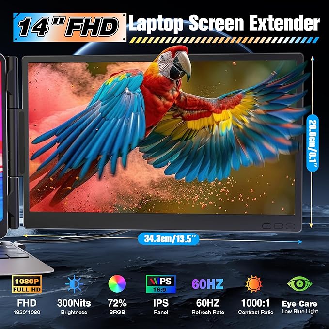 Laptop Screen Extender 14 Ultra Thin 0.27'' FHD 1080P Portable Monitor for Laptop 13-17.3 Plug n Play Extra Monitor Extender Eye Care Second Screen for MacBook/Windows/Android/Switch/PS5
