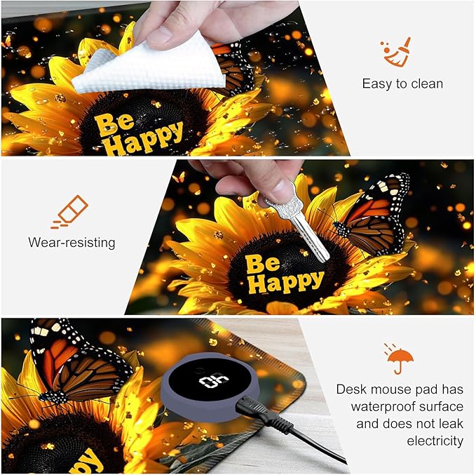 Heated Mouse PadWarm Desk Pad with 3 Levels Heating &amp 3 Hours Auto Shut-Off PU Leather Heated Desk Pad Warmer Pad for Home Office - 23.6 x 14.2 inchLuminous Sunflower Butterfly