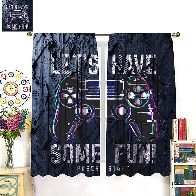 Modern Boys Gamepad Curtains - Abstract Digital Video Game Gamepad Neon Design Window Drapes Room Darkening Blackout Curtains Thermal Insulated Rod Pocket Curtains for Bedroom 2 Panels 63L x 36W