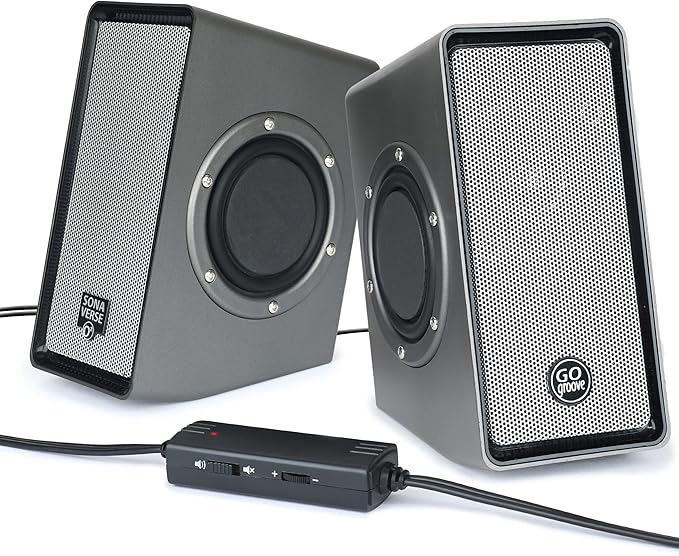 GOgroove Computer Speakers for Desktop PC USB Powered Plug and Play 3.5mm AUX Compact Design Volume Knob Sound for Office Business &amp School Works with Windows &amp Mac Laptop/Desktop/Proje