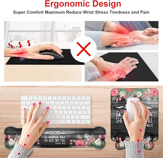 Wrist Rest Support Ergonomic Gel Mouse Pad &amp Memory Foam Keyboard Set Non-Slip Rubber PU Base for Home Office Working Studying Easy Typing &amp Pain Relief - Floral Quote Bible Verses Psalm 46:5