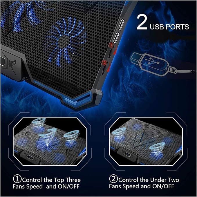 Laptop Cooling Pad LED Screen Gaming Laptop Cooler with 5 High-Speed Adjustable Fans 7 Heights Stand 2 USB Ports Compatible up to 17'' Laptop