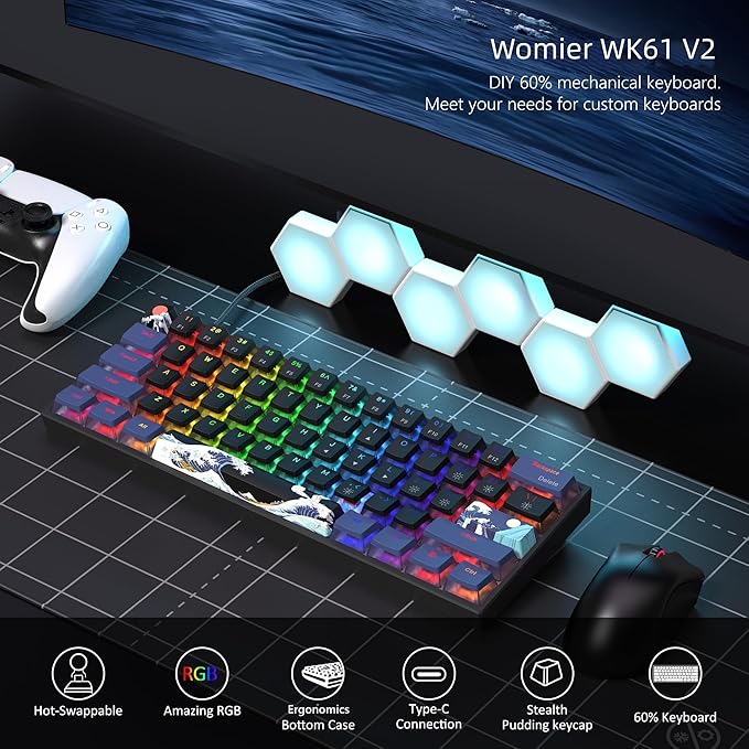 Womier 60% Percent Keyboard Gaming WK61 V2 Creamy Mechanical Wired Keyboard Anime Hot-Swappable RGB Key Board with PBT Keycaps for Windows PC Gamers - POM Linear Red Switch(Black Kanagawa)