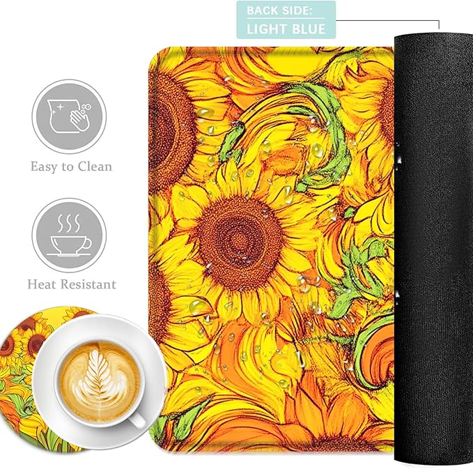 Keyboard Mouse Pad Set Extended Gaming Mouse Pad+Ergonomics Keyboard Wrist Rest Support Memory Foam Easy Typing Pain Relief 4Pcs XL Ultra Thick Desk MatVibrant Sunflower Field