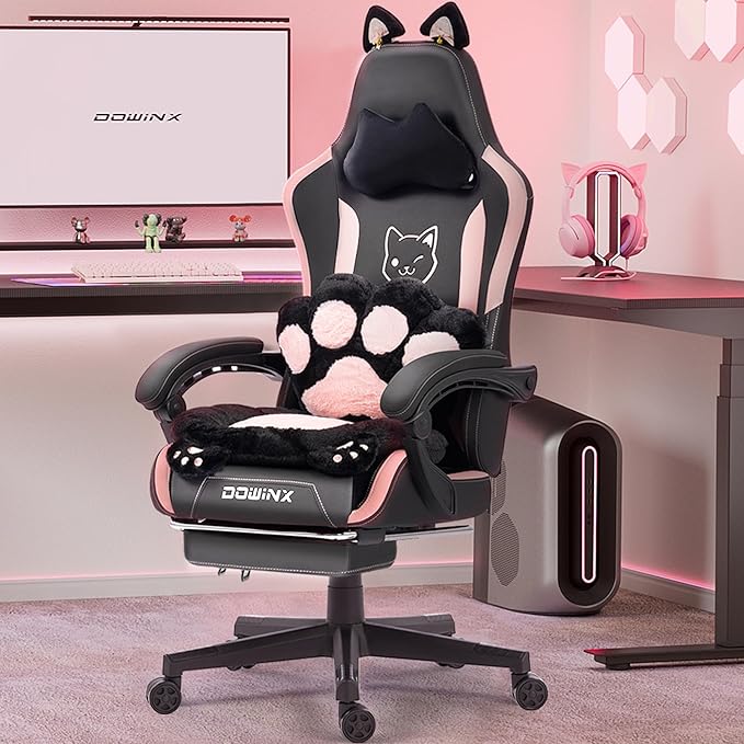 Dowinx Gaming Chair Cute with Cat Ears and Paw Lumbar Ergonomic Computer Chair for Girl with Footrest and Headrest Comfortable Reclining Game Chair 292lbs for Adult Teen Black
