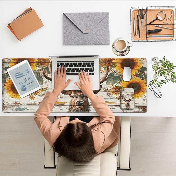 Large Mouse Pad Set Desk Mat + Elbow Rest Pad + Coaster Easy Typing Pain Relief Ergonomic Arm Rest Pad with Memory Foam Extended Desk Pad Anti-Slip Rubber Base for Office Home Wood Sunflower Deer
