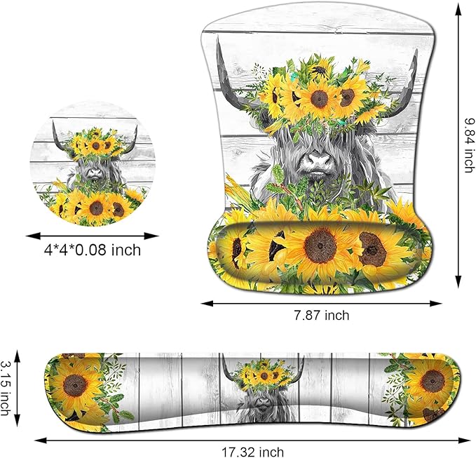 Wireless Mouse Pad with Wrist Support Ergonomic Gel Mouse Pad Soft Memory Foam Keyboard Wrist Pad for Office Typing Desk Pad Cute Highland Cow and Sunflowers White MousePads