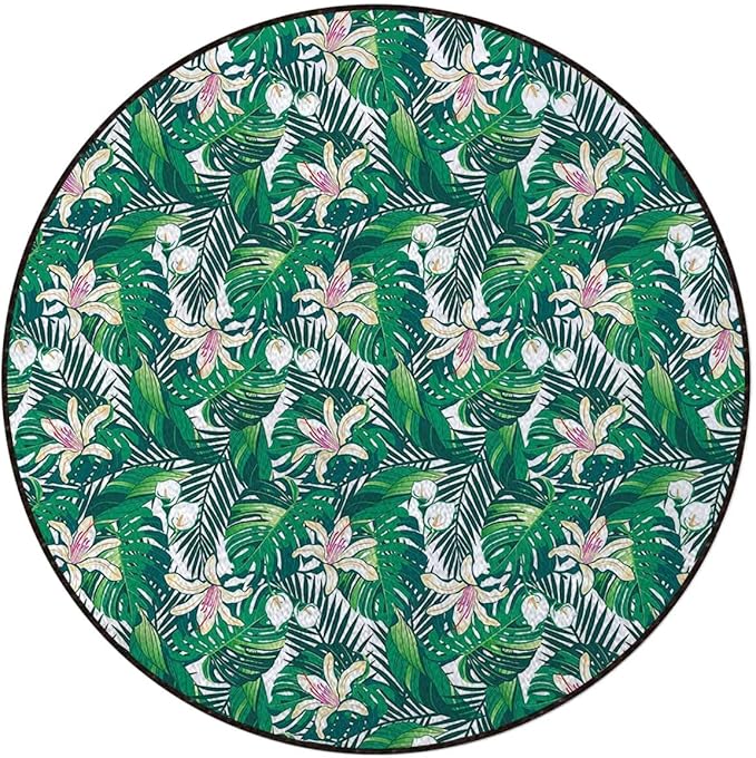 Green Olive Green Round Area Rug Swivel Chair Mats for Hardwood Floor Washable Waterproof Spill Mat Anti-Slip Floor Protector Rainforest Jungle Foliage Pattern Diameter 47.2 in