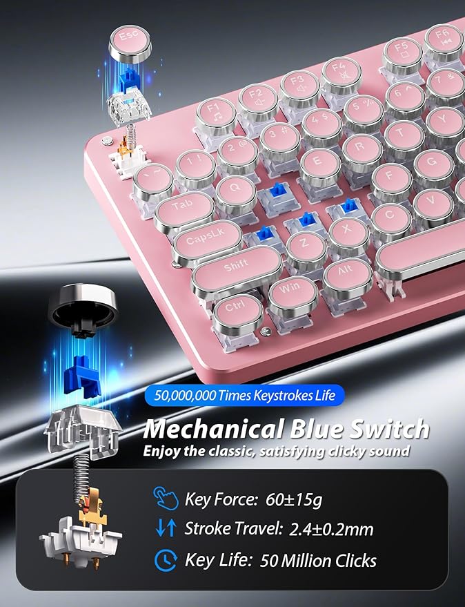 Typewriter Mechanical Gaming Keyboard and Mouse Metal Panel Retro Keyboards with Round Keycap Blue Switch Rainbow LED Backlit 104-Key Anti-Ghost Wired Mouse and Pad Combo for PC Laptop Mac Gamer