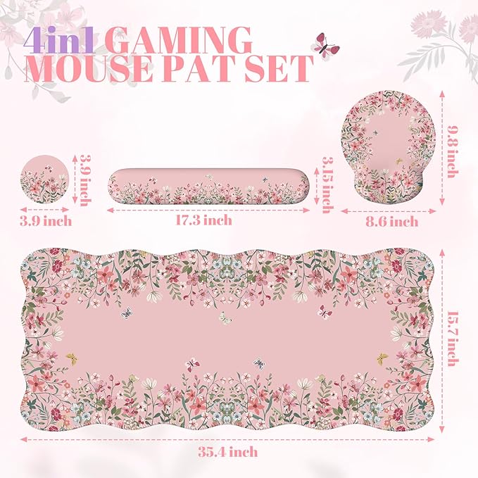 iCasso Desk Mat SetLarge Mouse Pad with Wrist RestErgonomic Keyboard Wrist Support for WomenGirly Floral Computer Mat with Scalloped EdgesNon-Slip Desk Pad Home Office Gaming (Pink)