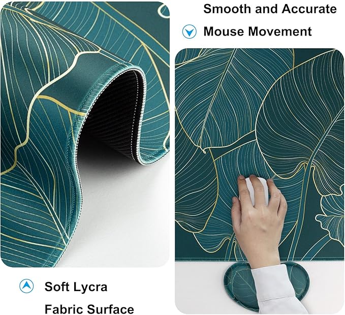 Keyboard Wrist Rest + Mouse Pad with Wrist Support + Desk Mat + Coaster 4 in 1 Set XXL Large Gaming Mousepad Cute Ergonomic Mouse Pads for Desk Computer Laptop Office Decor-Green Leaves