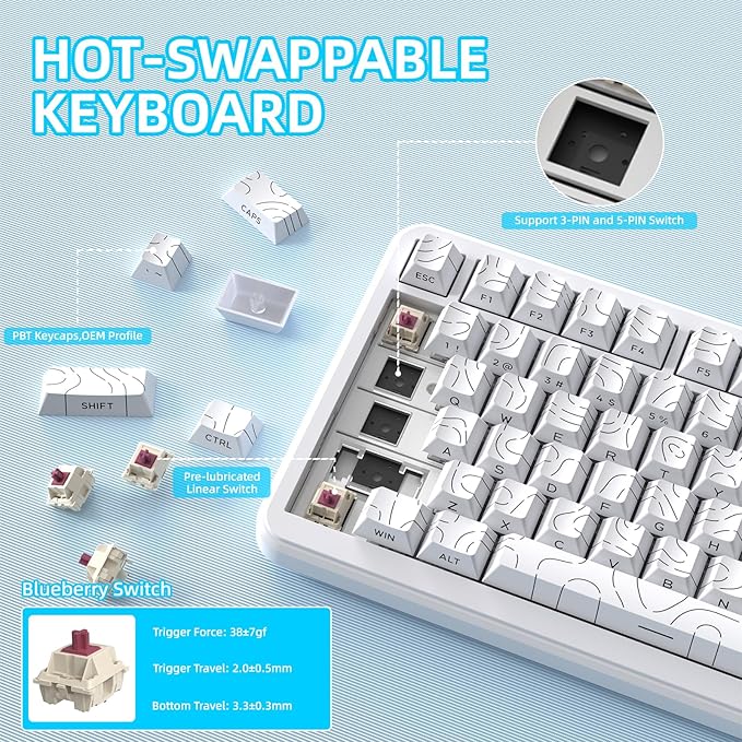 ATTACK SHARK X85PRO 75% Wireless Mechanical KeyboardTFT Smart Display &amp KnobBT/2.4GHz/Wired Gaming KeyboardContour Side Print Shine-through KeycapsRGBHot-Swapwith Pro Cable for PC/MAC (Whit