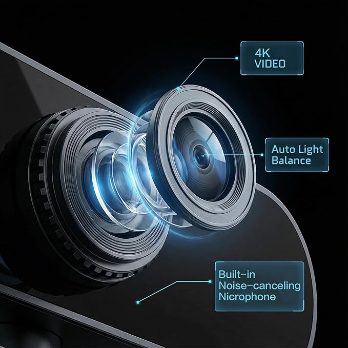 4k P Automatic focus HD Webcam with Microphone Noise Cancellation Privacy Cover Wide-Angle Lens Auto Light Correction Plug &amp Play USB Webcam for Laptop Desktop PC Mac Zoom Skype Streami
