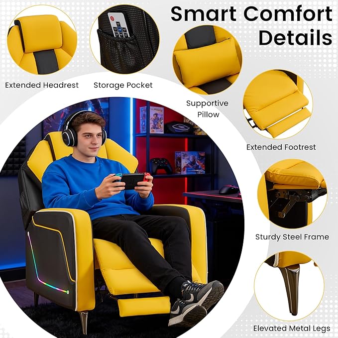 SAMERY Gaming Recliner Chair Push-Back Reclining Gaming Chair with Extended Footrest LED Light Pockets Lumbar Pillow Modern Ergonomic Recliner Sofa for Game Room Living Room (Yellow Recliner)