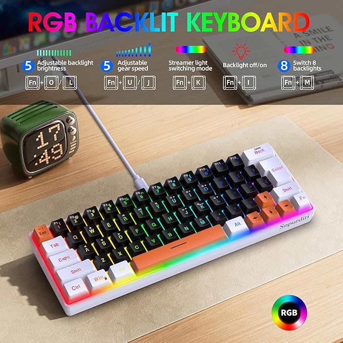 Snpurdiri 60 Percent Wired Gaming Keyboard 63 Keys RGB Backlit Small Gaming Keyboard for PC Gamer Typist Travel Easy to Carry on Business Trip(Black-White-Orange)
