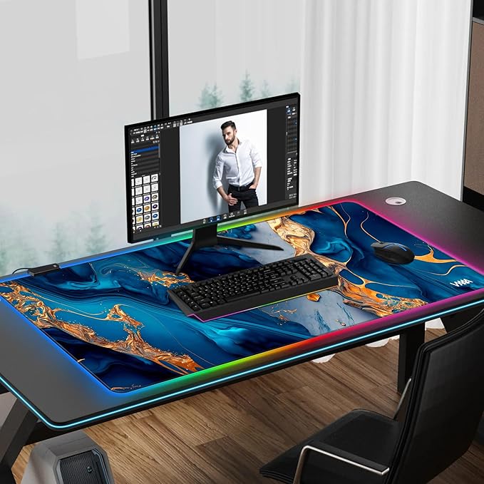 Vyaaa 39.3“ x 19.7”Gaming Large Mouse Pad for Keyboard and Mouse LED Mouse Mat Non-Slip Rubber Base Computer Desk mat Suitable for Lapto Computer Work Gaming(Marble)