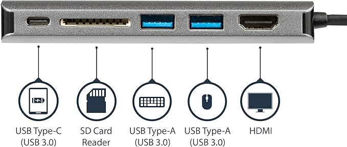 StarTech USB C Multiport Adapter USB-C Travel Dock to 4K HDMI 3x USB-A 3.0 Hub SD/SDHC GbE 60W PD 3.0 Pass-Through Portable USB Type-C Mini Docking Station Thunderbolt Compatible