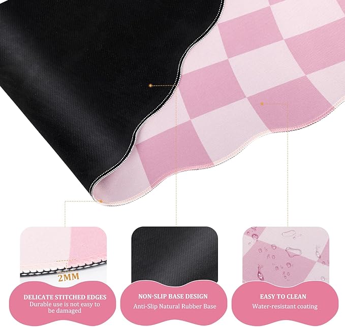 L-SPOUTTO Pink Checkered Mouse Pad SetScalloped XXL Desk Mat + Ergonomic Mouse Wrist Rest + Gel Keyboard Wrist Rest for Keyboard 65%/75%3in1 Large Desk Pad for Desktop Home Office Computer Game