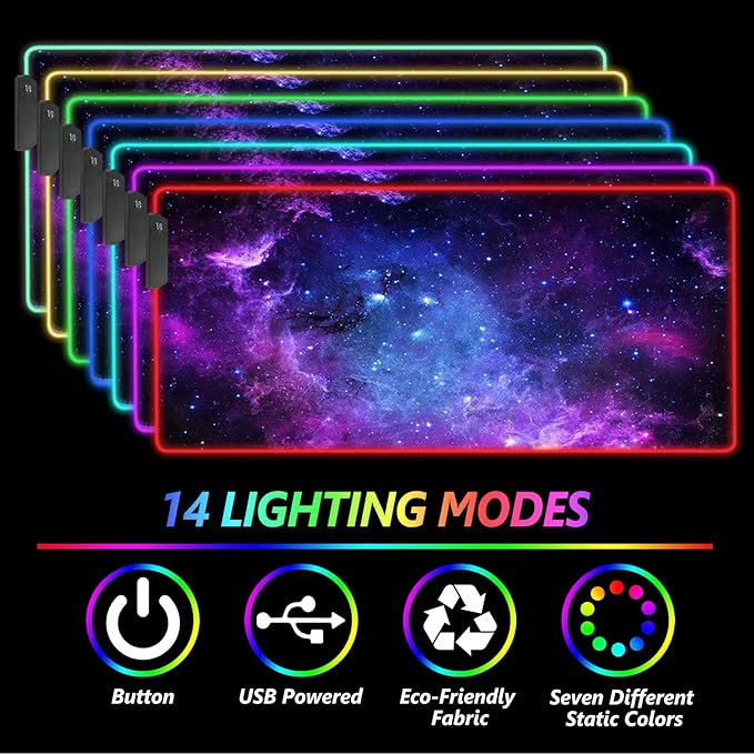 DINKY RGB Gaming Mouse Pad Large Extended Soft Led Mouse Pad with 14 Lighting Modes Water Resist Keyboard Pad Computer Keyboard Mousepads Mat 31.4×11.8 inches- Purple Nebula