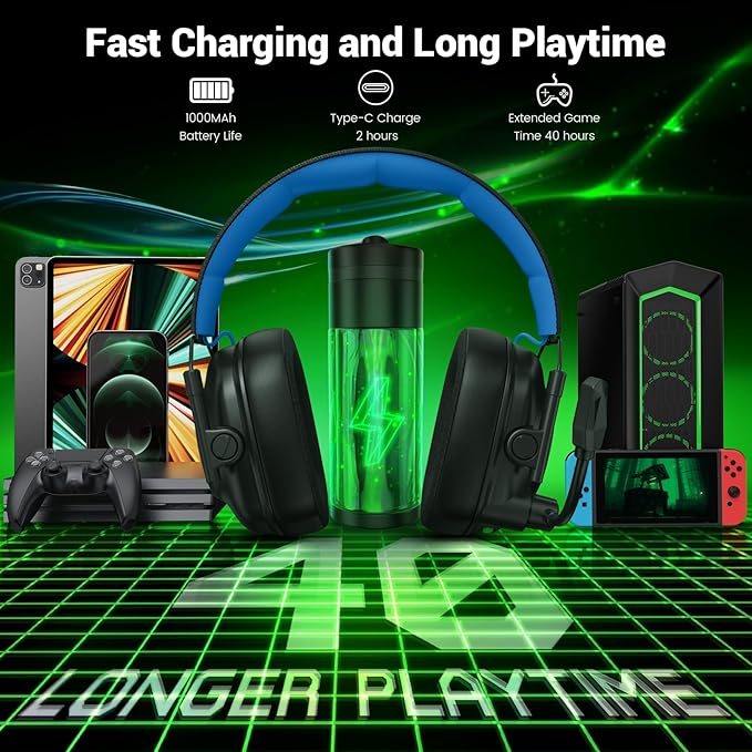 Wireless Gaming Headset with Noise Canceling Microphone for PC PS5 PS4 Switch Mac 2.4 GHz Wireless &amp Bluetooth 5.4 Gaming Headphones Cool RGB Lighting 40Hr Battery 50mm Drivers(Black Blue)