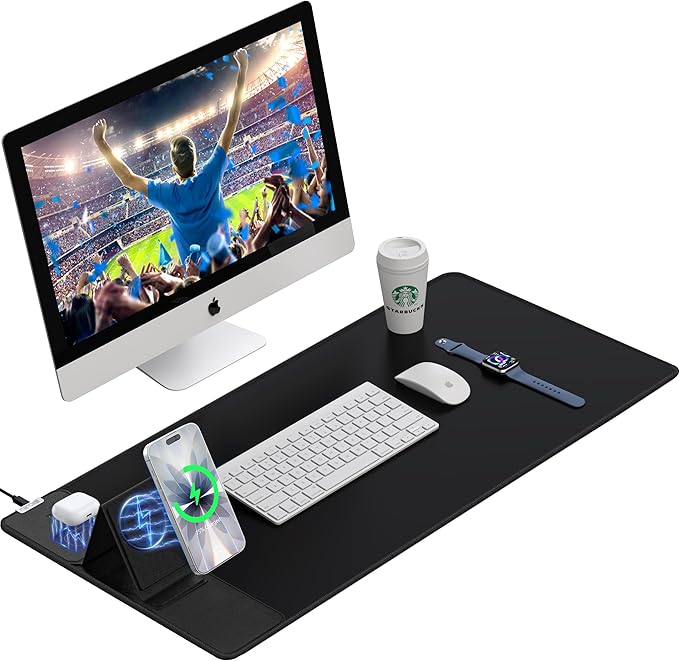 Wireless Charging Mouse Pad with Foldable Phone Holder 15W Magnetic Fast Charging for iPhone Samsung 31.5x15.75 Large Desk Mat for Laptop/Keyboard Waterproof Gaming Mousepad with Non-Slip Base