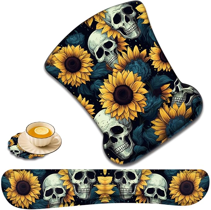 Keyboard Wrist Rest and Mouse Pad Wrist Support with Lace-Shaped Coaster Set Ergonomic Gel Memory Foam and Anti-Slip Base Easy Typing and Pain Relief - Skull Sunflower