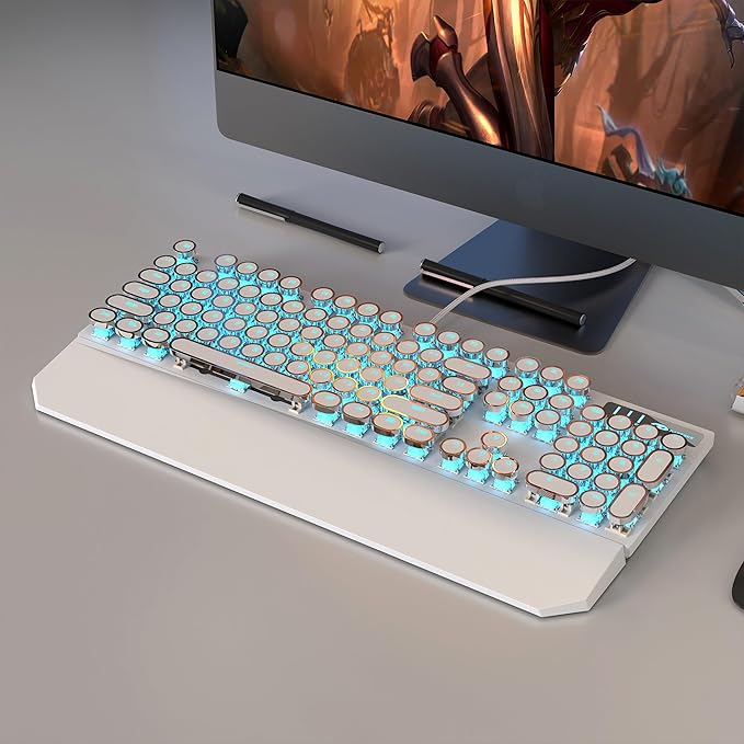 MageGee Typewriter Mechanical Gaming Keyboard Retro Punk White Round Keycaps 104 Keys LED Blue Backlit Wired Keyboards for Laptop MAC PC Gamer with Magnetic Wrist Rest Blue Switch