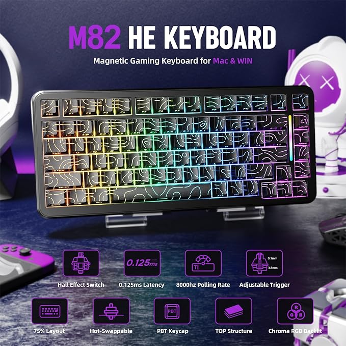 MAMBASNAKE M82 HE Rapid Trigger Mechanical Gaming Keyboard 75% Wired TKL with Adjustable ActuationHall Effect Magnetic Switch8KHz Polling RateRGB BacklitTop Mount for PC Mac Esport Gamer-Black