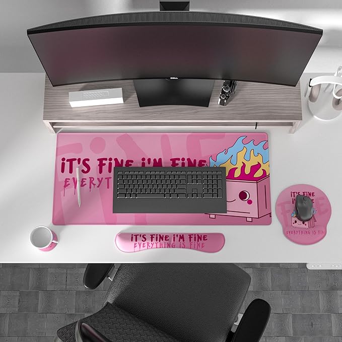 Ovenbird Mouse Pad Set 4-in-1 | Large Gaming Mousepad Keyboard Wrist Rest Mouse Wrist Support Coaster | Ergonomic Office Desk Mat Accessories for Women Men | 4PCS 35.4 x 15.7in Pink Dumpster