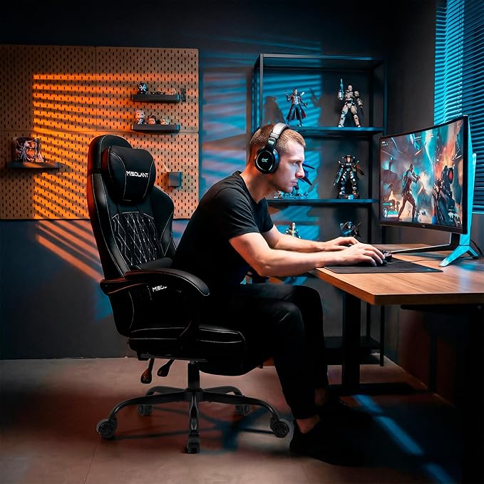 Misolant Gaming Chair Fabric Gamer Chair with footrest for Adults High Back Ergonomic Computer Game Chair with Adjustable Headrest and Massage Lumbar Support 90-155° Recline FreeBlack