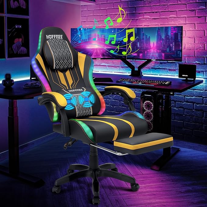 HOFFREE LED Gaming Chair with Speakers and Massage Video Game Chair Big and Tall with Footrest Gamer Chair for 400lbs Computer Desk Chair Yellow and Black Yellow+black HOGC-MAX303