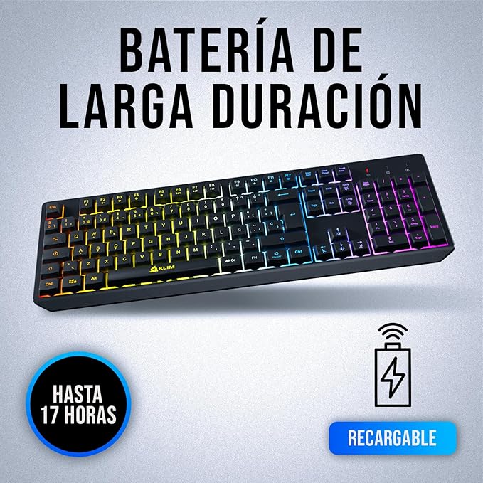 KLIM Chroma Wireless Spanish (España) Keyboard RGB Backlit Wireless Keyboard Rechargeable Battery Quiet Water-Resistant Plug &amp Play for PC Mac PS4/PS5