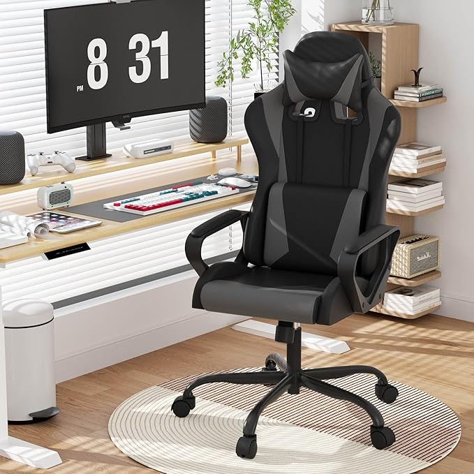 Gaming ChairSwivel Rolling Gaming Chair for AdultsErgonomic PC Gaming Chair GreyHeight Adjustable Computer ChairPU Leather Computer Chair with Headrest and Lumbar Support