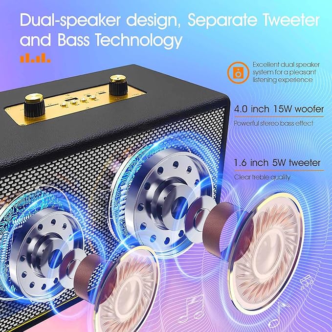 Portable Retro Bluetooth Speaker with FM Radio Treble/Bass Aux InputUSB PortMicro SD Card Slot- Wireless Loud Speakers Battery PoweredGifts for Home/Classroom/Party