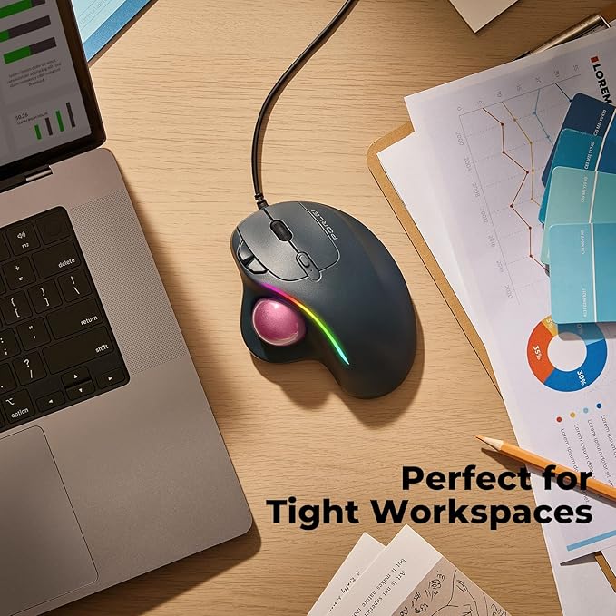 Wired Trackball Mouse with RGB Lighting Ergonomic Thumb Control to Reduce Muscle Strain 5 Adjustable DPI Dual USB-C &amp USB-A Connectivity Compatible with PC Laptop Mac Windows-Pink